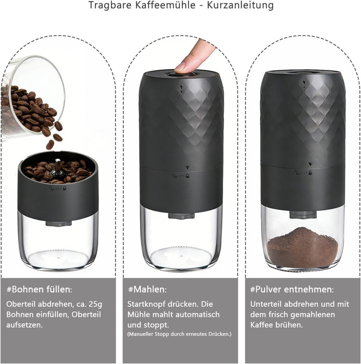 Elektrische Kaffeemühle Tragbar - Kegelmahlwerk mit 5 einstellbaren Mahlgraden, USB-C-Schnellladung