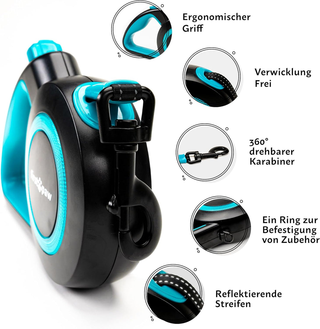 Hundeleine für kleine und mittelgrosse Hunde (bis zu 20kg), 5m Lange Hundeleine ausziehbar mit Beque