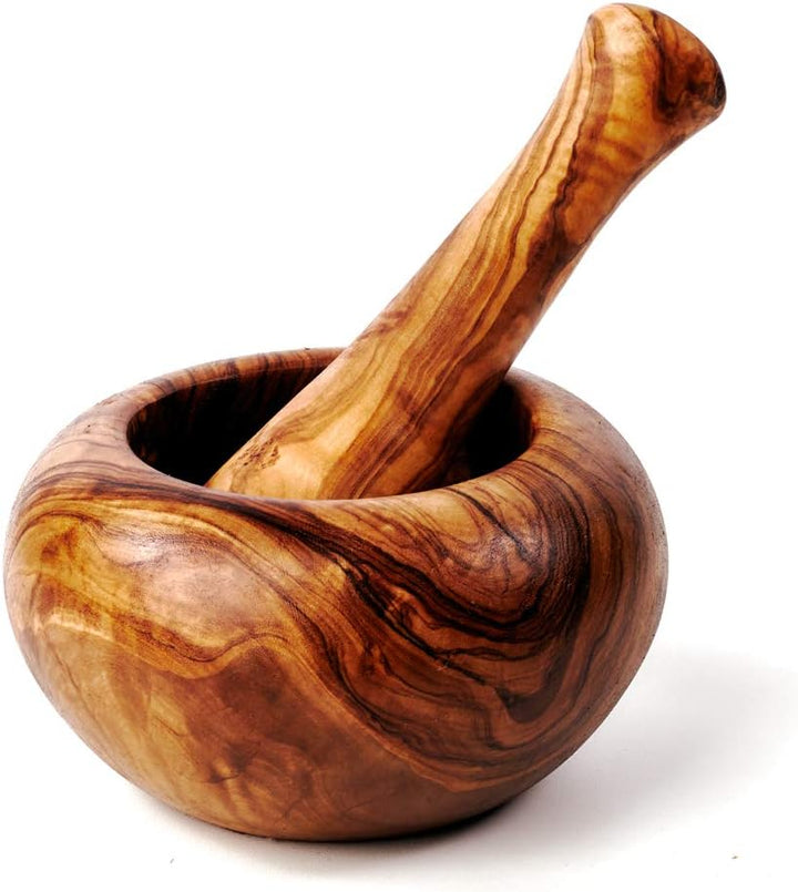 Mörser und Stössel aus Holz, Olivenholz, runder Rand (ca. 10cm Durchmesser), ca. 10cm Durchmesser