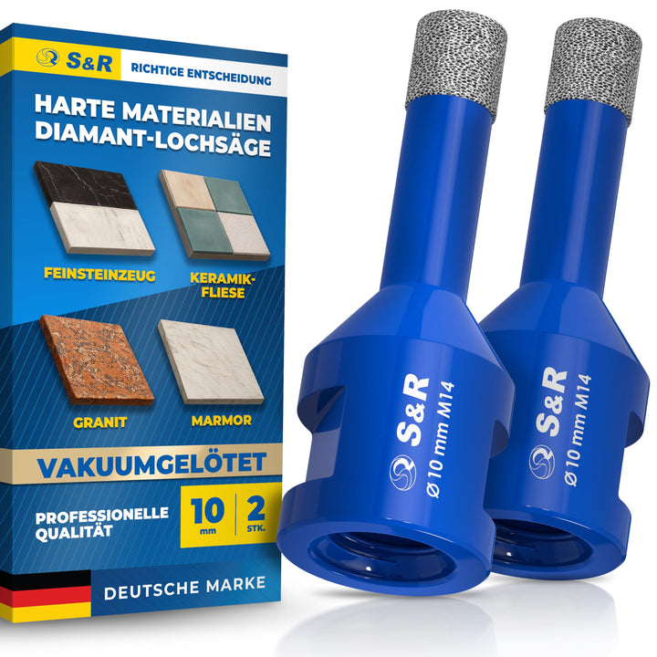 S&R Professional 2-tlg Diamantbohrer M14, Diamant Fliesenbohrer Set 10mm für Winkelschleifer, für Ha