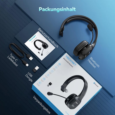 TECKNET Bluetooth Headset mit Mikrofon, PC Headset mit Rauschunterdrückung, Noise Cancelling Kopfhör