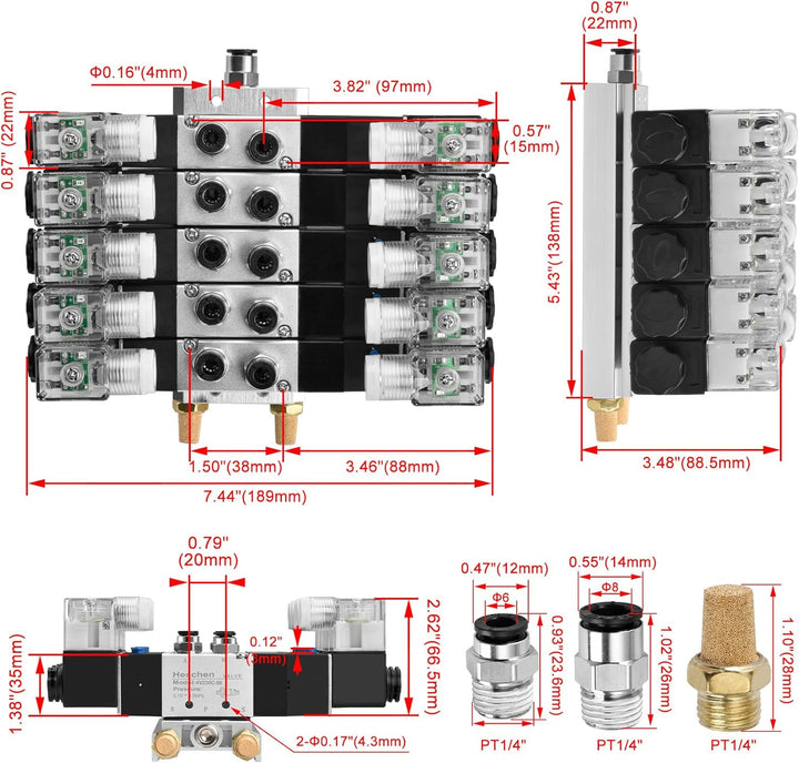Heschen Elektrisches Pneumatisches 5 Magnetventil, 4V230C-08, 12 VDC, PT1/4, 5 Wege 3 Positionen, Kr