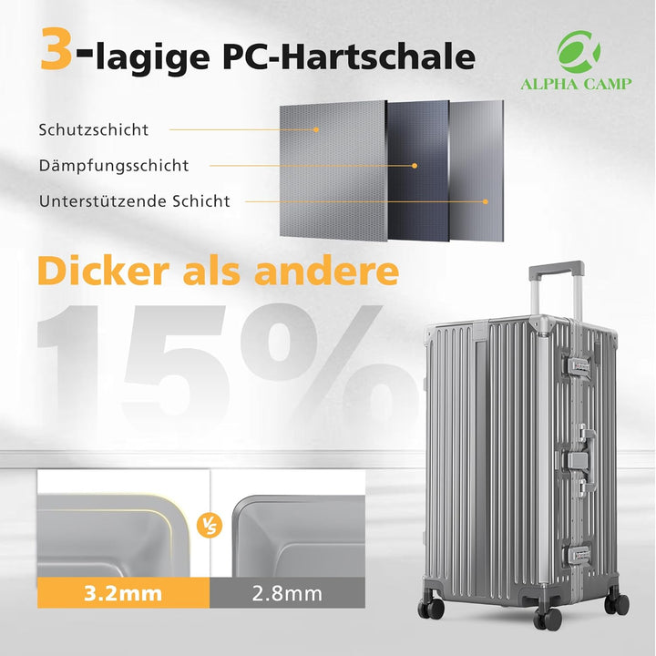 ALPHA CAMP Koffer XL Aluminium Rahmen & Polycarbonat Hartschale mit TSA Schloss Reisekoffer 40x36x77
