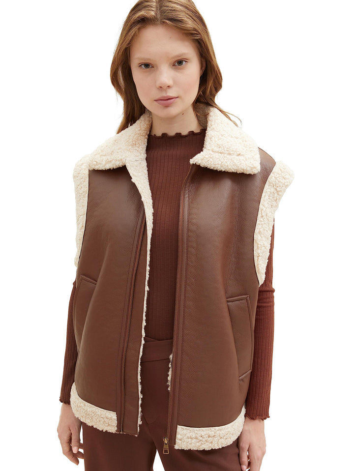 TOM TAILOR Denim Damen 1038688 Sherling Weste (1er Pack) L 19714 - Roasted Coffee Brown, L 19714 - R