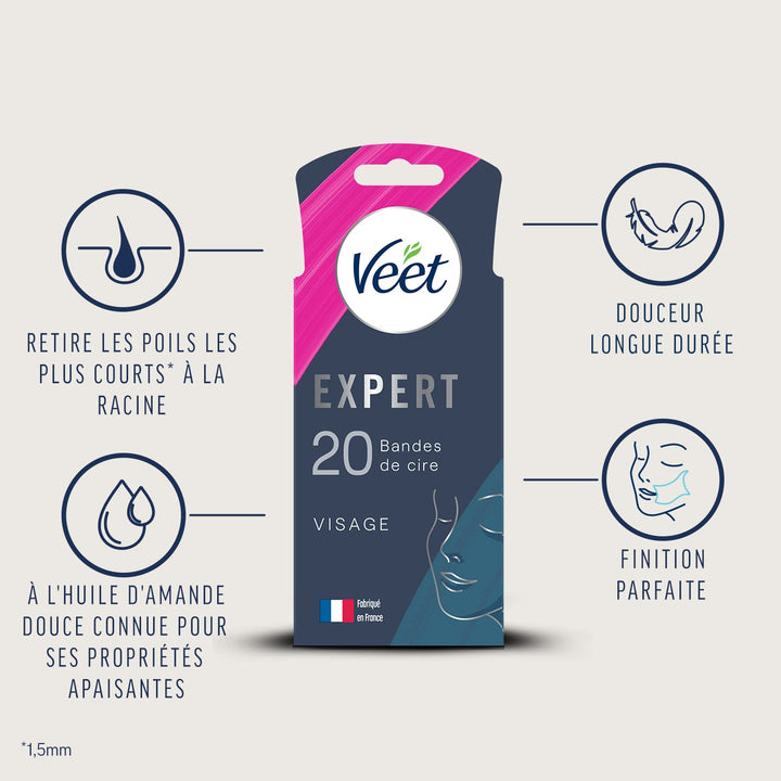 Veet Expert – 20 Wachsstreifen für kaltes Gesicht – empfindliche Haut – perfekte Verarbeitung – lang