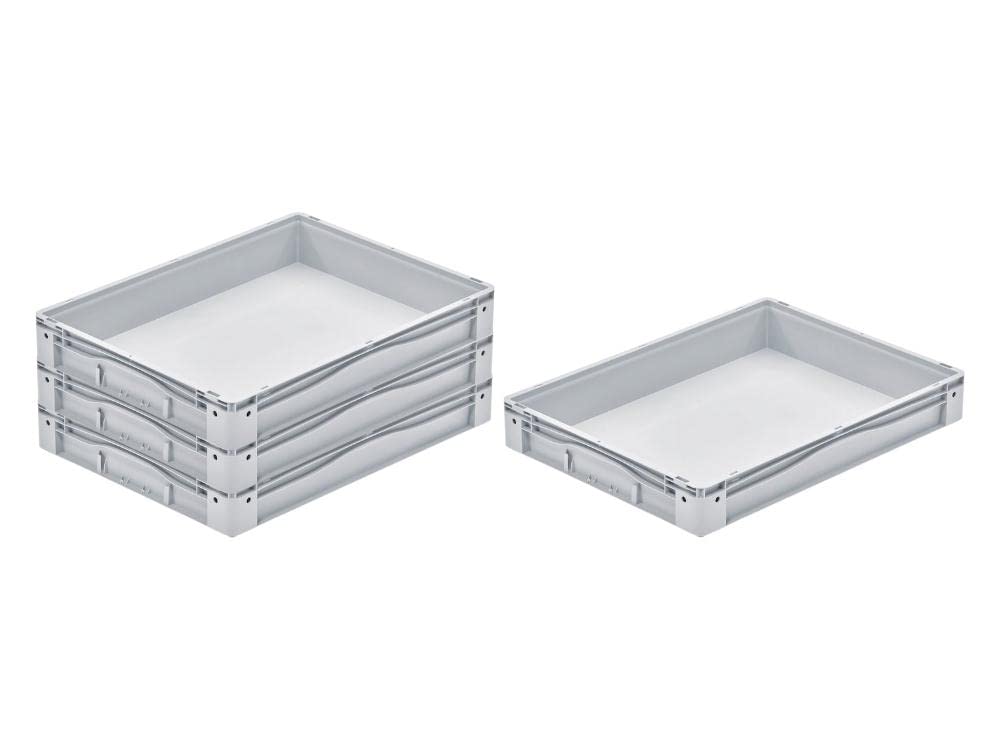 SparSet 4x Euro-Norm Grossbehälter | HxBxT 12x60x80cm | 49 Liter | Glatter Boden | Grau | Eurobehält