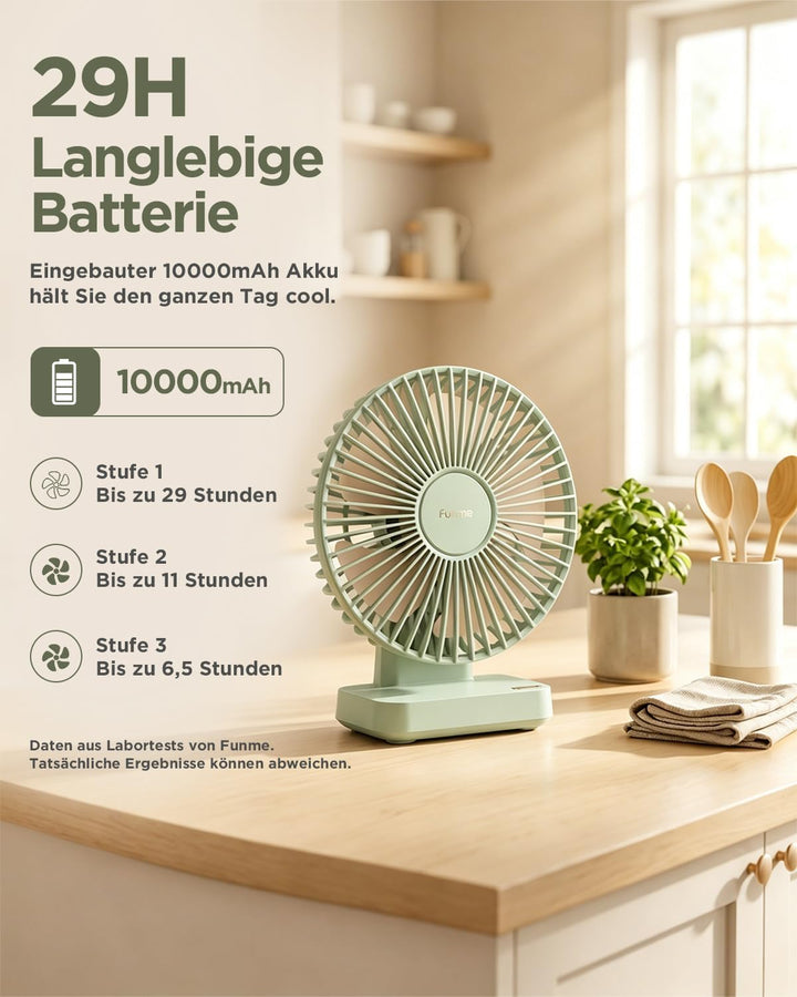 Funme Tischventilator 10000mAh Akku 29H, 90° Neigbar 3-Stufen Desktop Ventilator Leiser, Ventilator