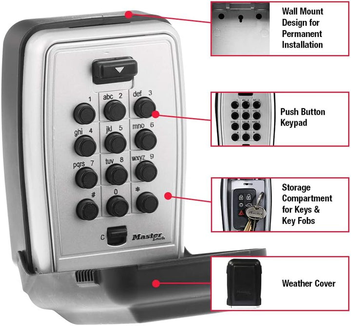 Master Lock 5423D Aufbewahrungsbox mit Tastenfeld, Wandhalterung, Schwarz Druckknopf, Druckknopf