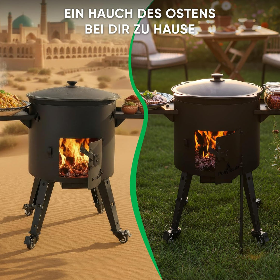 Gusseisen Kazan 16L mit Utschak Feuerofen Ø 44cm | Kasan-Set Runder Boden Deckel | Учаг Feuerschale