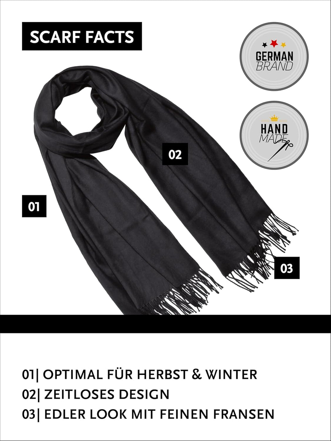 DonDon Schal Damen Winter Wollschal Winterschal warm weich 185 x 65 cm 1 Schwarz, 1 Schwarz