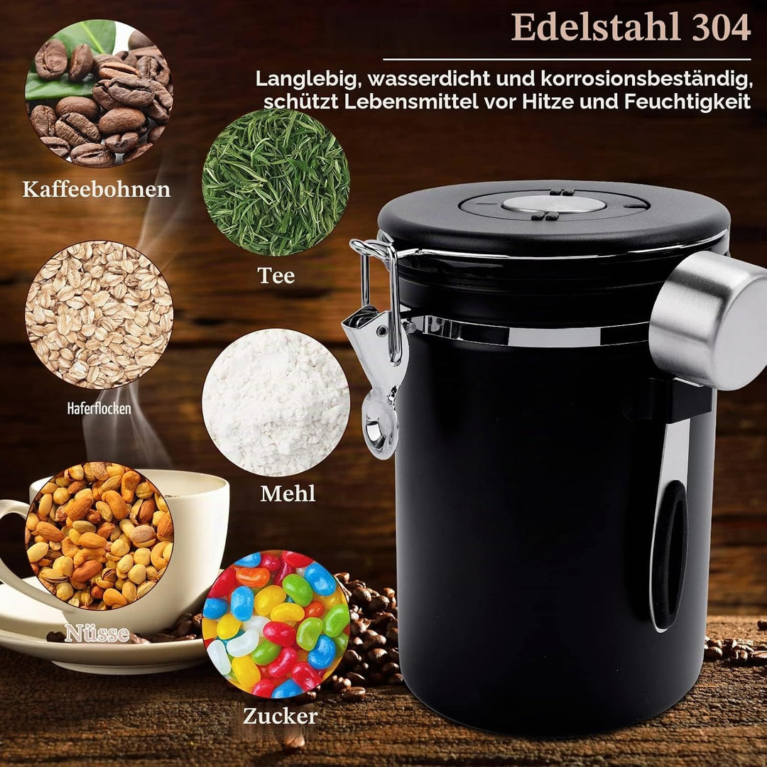 Kaffeedose Luftdicht aus Edelstahl 1,8L, Kaffee Dose Behälter mit Löffel，Bürste und Zeiterfassung Sp