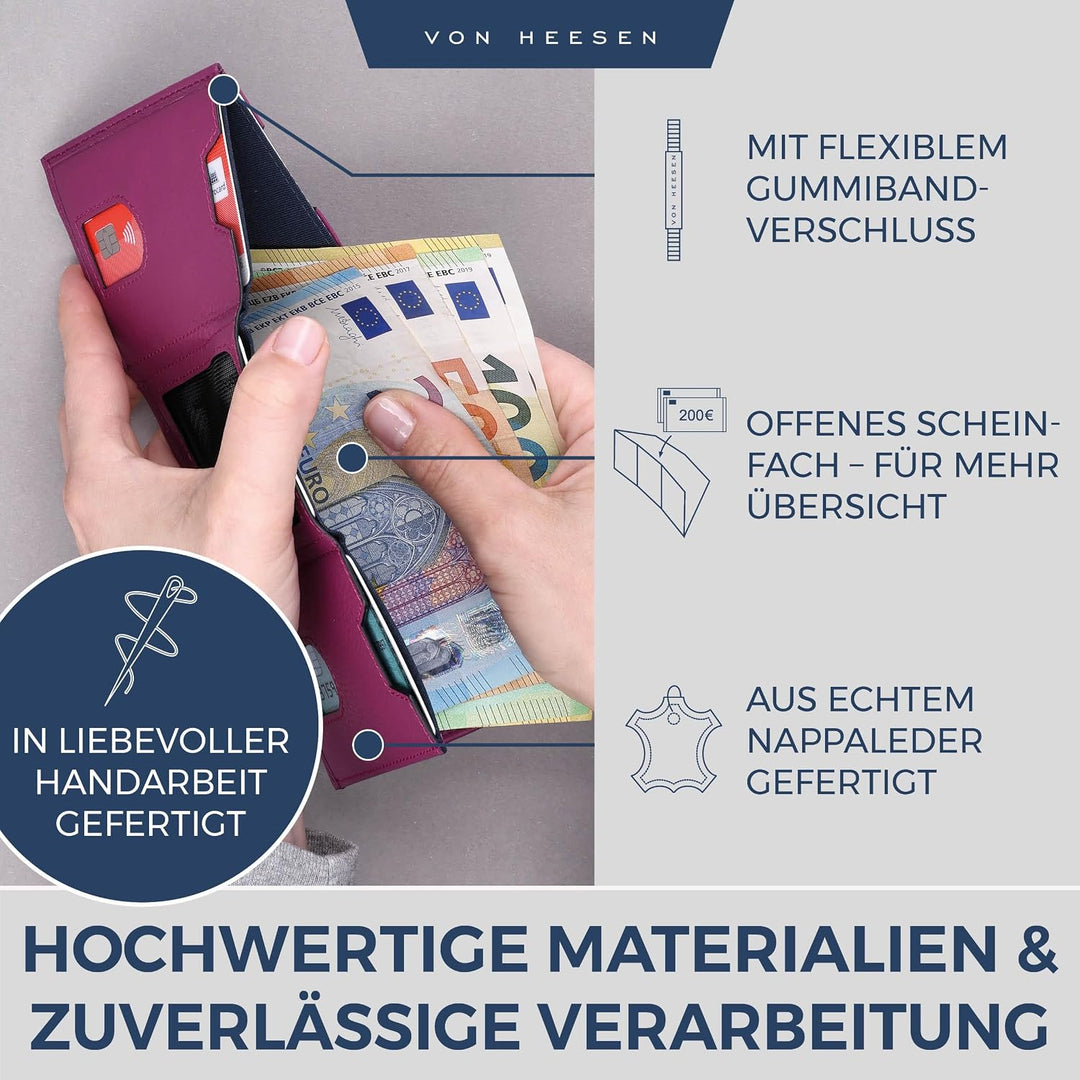 VON HEESEN Slim Wallet mit Münzfach &amp; RFID-Schutz - Leder Geldbeutel - Mini Geldbörse für Herren und