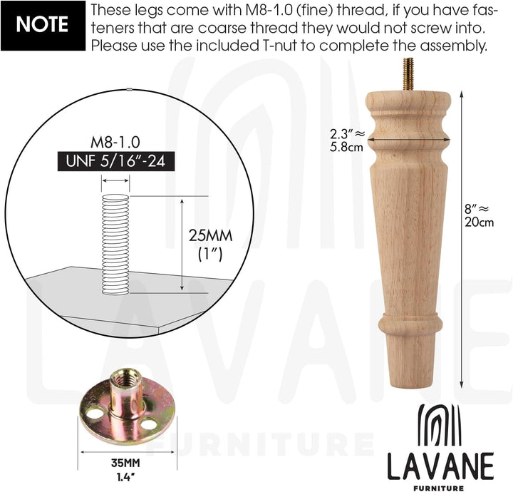 LA VANE 4 Stück Möbelfüsse aus Massivholz - 20cm Höhe, Unlackiert, Spindelform mit M8 Bolzen & Monta