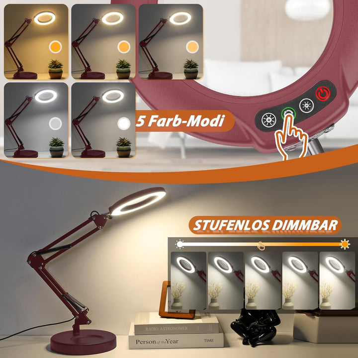 Veemagni 10X Lupe mit Licht, 5 Farbmodi Stufenlos Dimmbar 2-in-1 Schreibtischlampe und Klemme, LED B