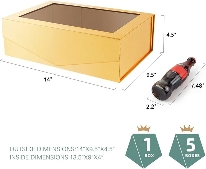 PACKQUEEN 5 grosse goldene Geschenkboxen mit Fenster, 34,9 x 22,9 x 10,4 cm, transparente Geschenkbo