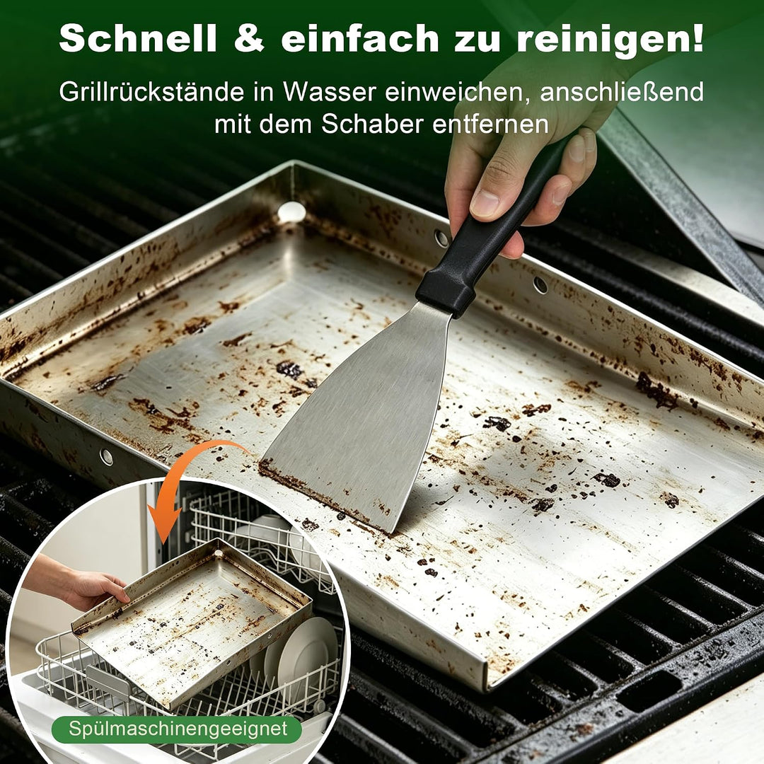 5 Set Plancha Grillplatte - Edelstahl Grillplatte - 2 Grillspachteln &amp; Ölflasche - 30x40 cm Plancha
