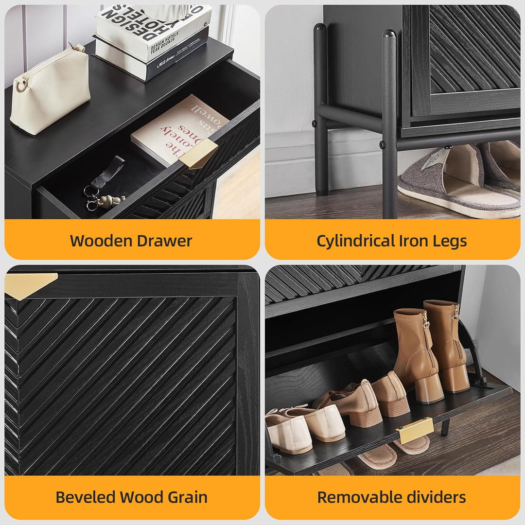 Schmaler Schuhschrank Schuhregal 2 Klappen Schublade, Schwarz | Schräge Holzmaserung, freistehend, v