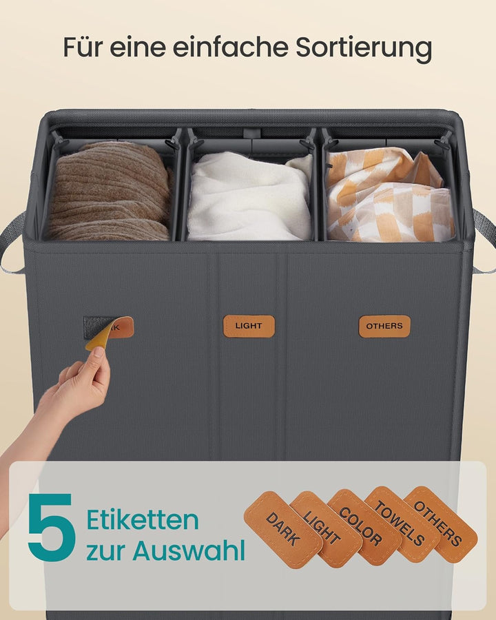 SONGMICS Wäschekorb mit 3 Fächern, 160 L, mit Deckel, 5 Etiketten, herausnehmbarer und waschbarer In