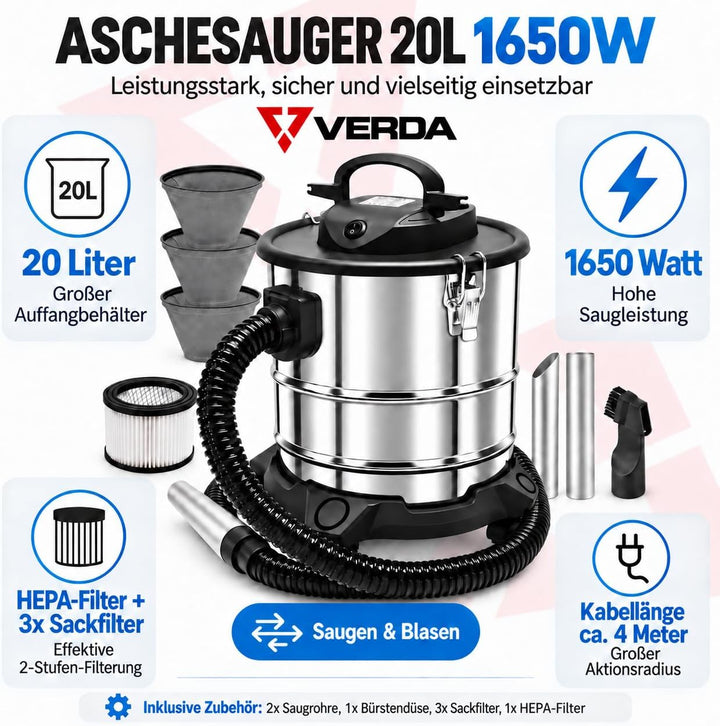 Aschesauger 20L Kaminsauger 1650W + Blasfunktion + DUAL Filter System + 4 Rollen SN121