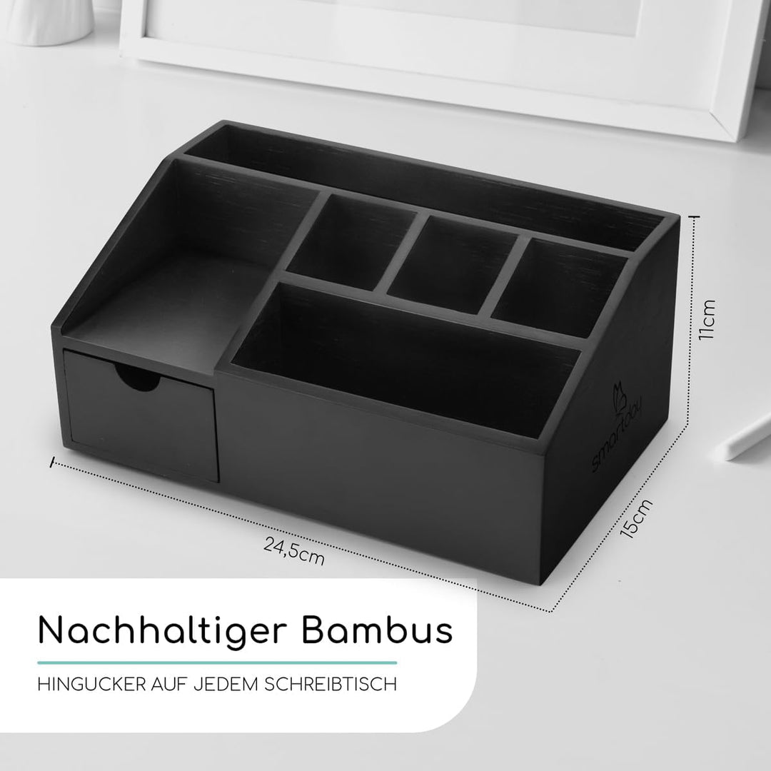 Schreibtisch Organizer aus Bambus Holz mit Schublade schwarz - Ordnungssystem Büro Stiftehalter, Sti
