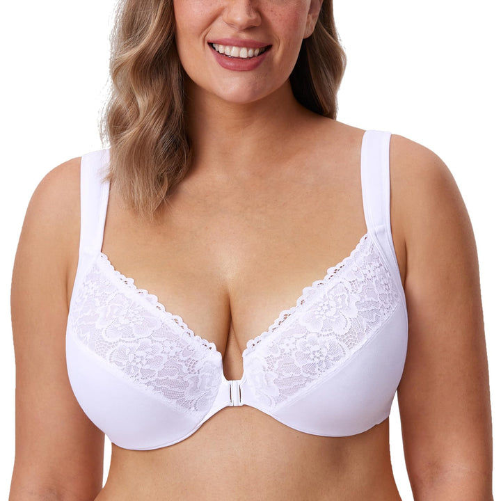 DELIMIRA Damen BH mit Vorderverschluss Bügel Spitzen BHS Grosse Brüste Soft Vollschalen Ungefüttert
