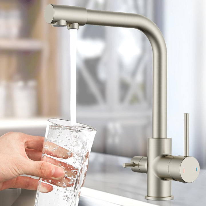 FORIOUS Wasserhahn Küche, 3 Wege Wasserhahn Mischbatterie Küche, Zweigriffige Edelstahl-Spülarmature