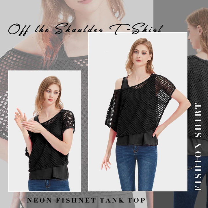 WILDPARTY 80er 90er Jahre Outfit Damen, Netzshirt, Tank top, Beinwärmer, Netzhandschuhe, Kostüm 80er