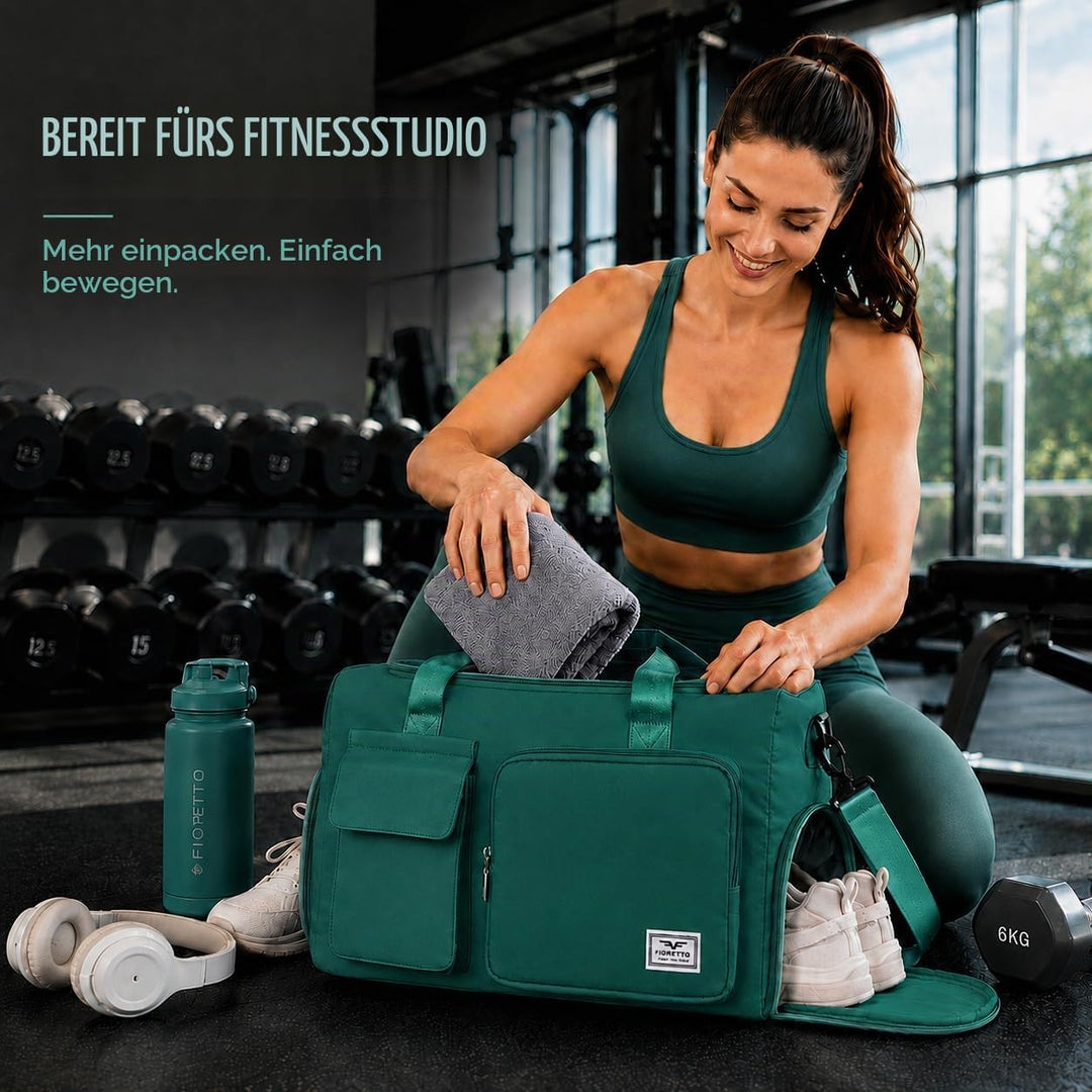 FIORETTO 35L Damen Sporttasche, Faltbare Reisetasche mit Schuhfach &amp; Nassfach, Wasserabweisende Week