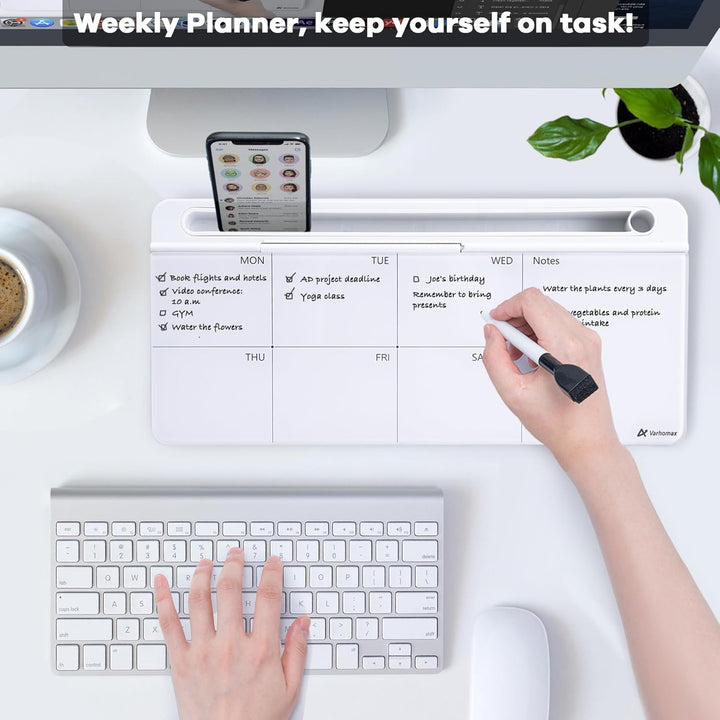 Varhomax Schreibtisch Organizer, Desktop Whiteboard Wochenplaner Glas Weiss Mit Aufbewahrung Abwisch
