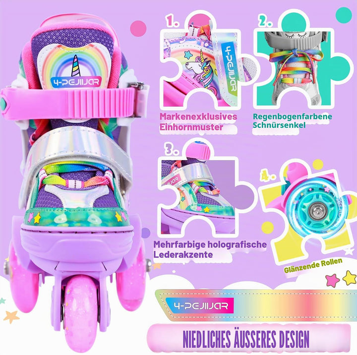 Kinder Einhorn Rollschuhe für Mädchen.Geeignet für 3-6 Jahre alt. Mit Leuchtenden Rädern,4-Pejiijar
