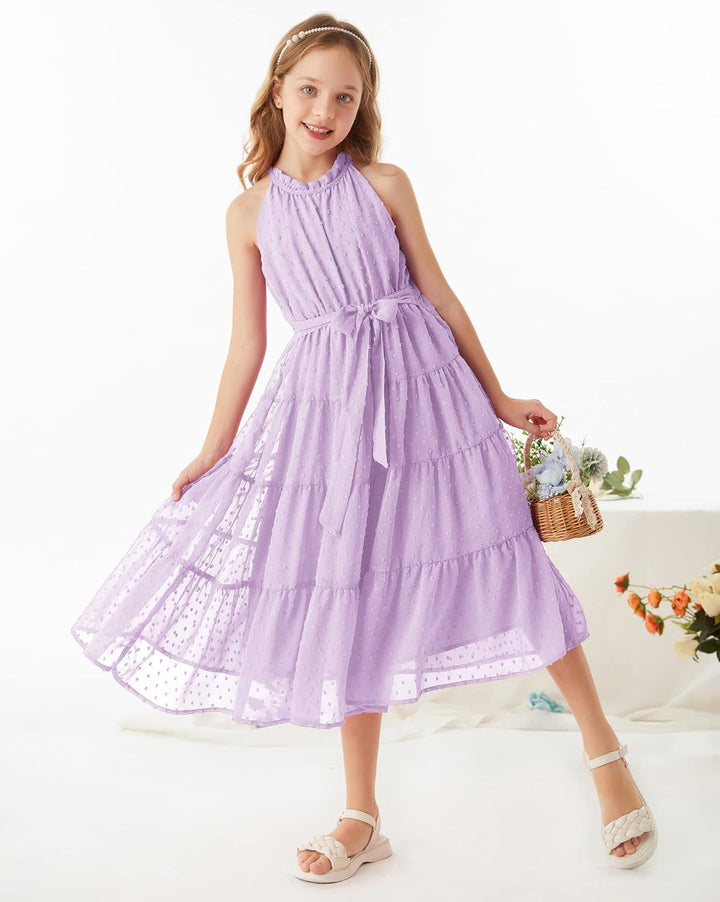 GRACE KARIN Mädchen Prinzessin Kleider Neckholder Swiss Dot Kleid A-Linie Maxikleid Casual Party Fes