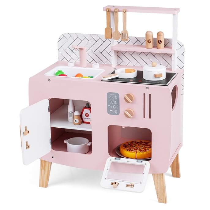 COSTWAY Kinderküche Holz, Spielküche mit Herd, Spüle, Wasserhahn & Ofen, Mini Küche mit Kochgeschirr