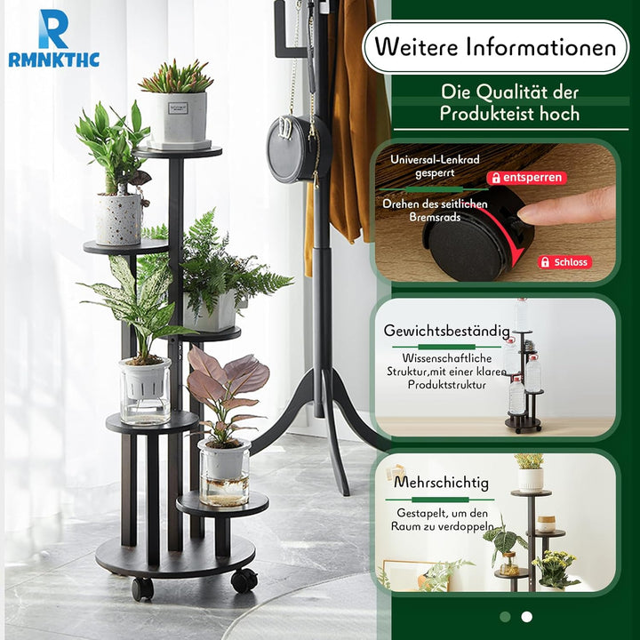 Bambus Blumenregal mit Rollen | 5-stufig 20kg Traglast | Naturmaterial wasserfest | Einfache Montage