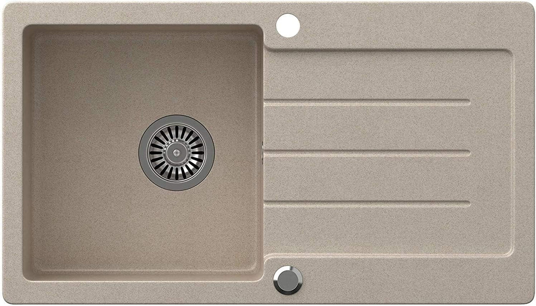 VBChome Spülbecken Beige mit Armatur 77 x 44 cm Granit Einzelbecken Einbauspüle gesprenkelt reversib