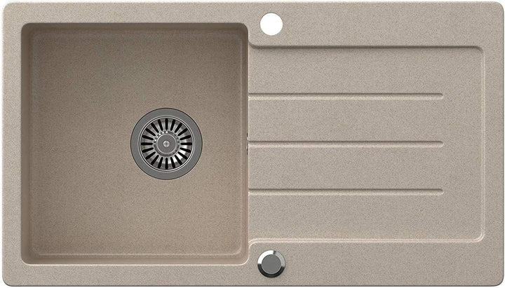 VBChome Spülbecken Beige mit Armatur 77 x 44 cm Granit Einzelbecken Einbauspüle gesprenkelt reversib
