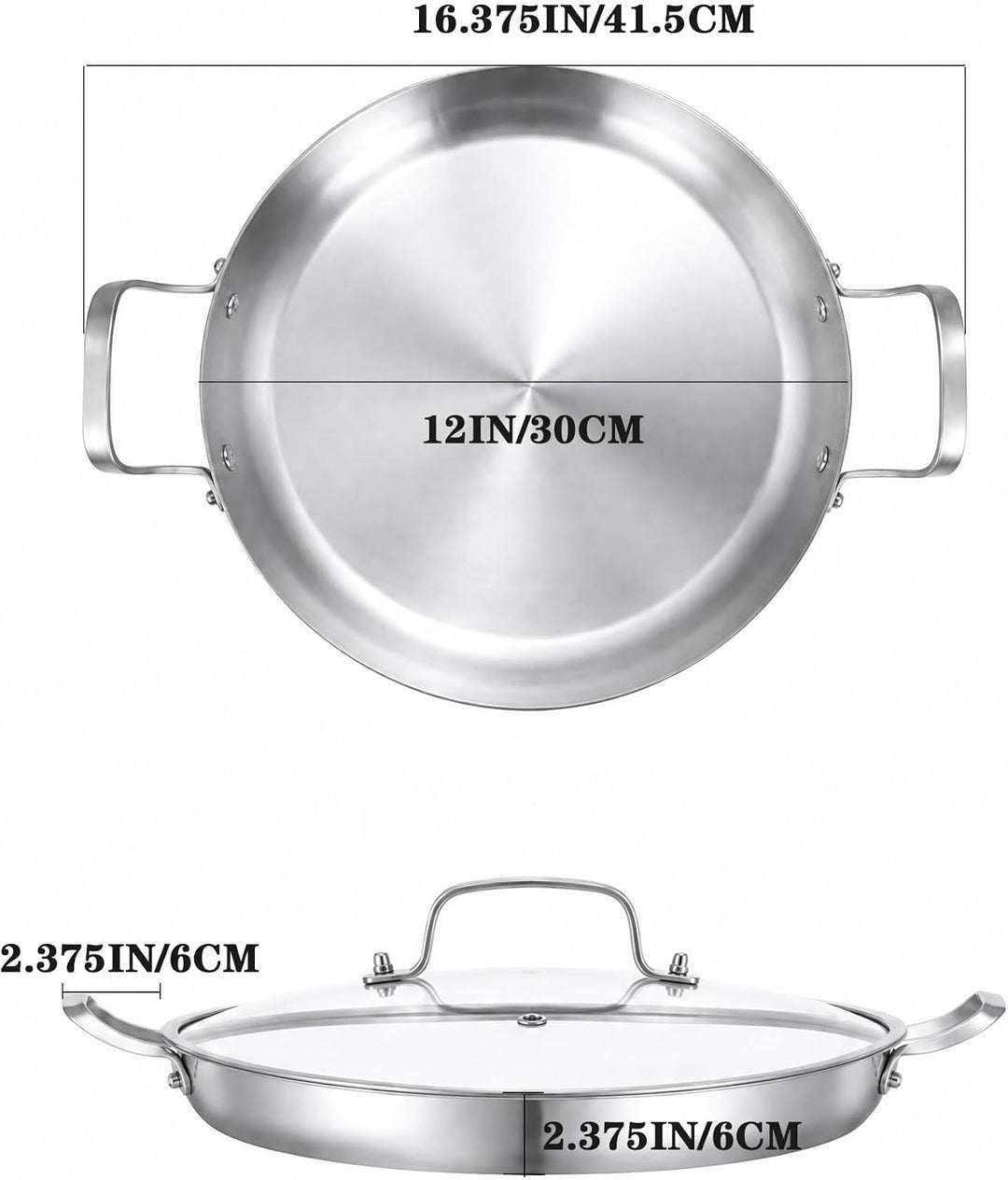 Inqibee Paella Pfanne 30 cm mit Deckel, Edelstahl Paellapfannen, Edelstahlpfanne Unbeschichtet, Stai