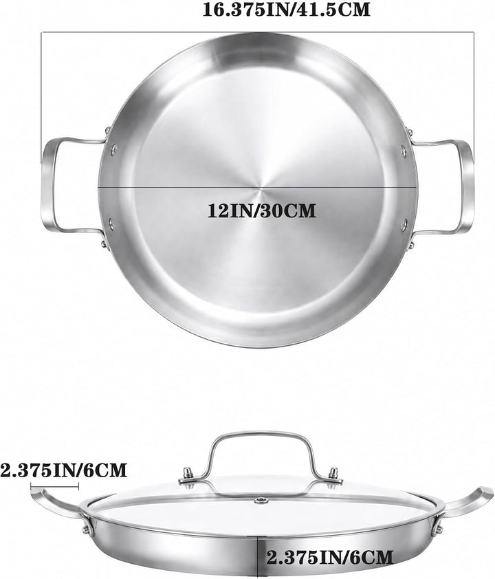Inqibee Paella Pfanne 30 cm mit Deckel, Edelstahl Paellapfannen, Edelstahlpfanne Unbeschichtet, Stai