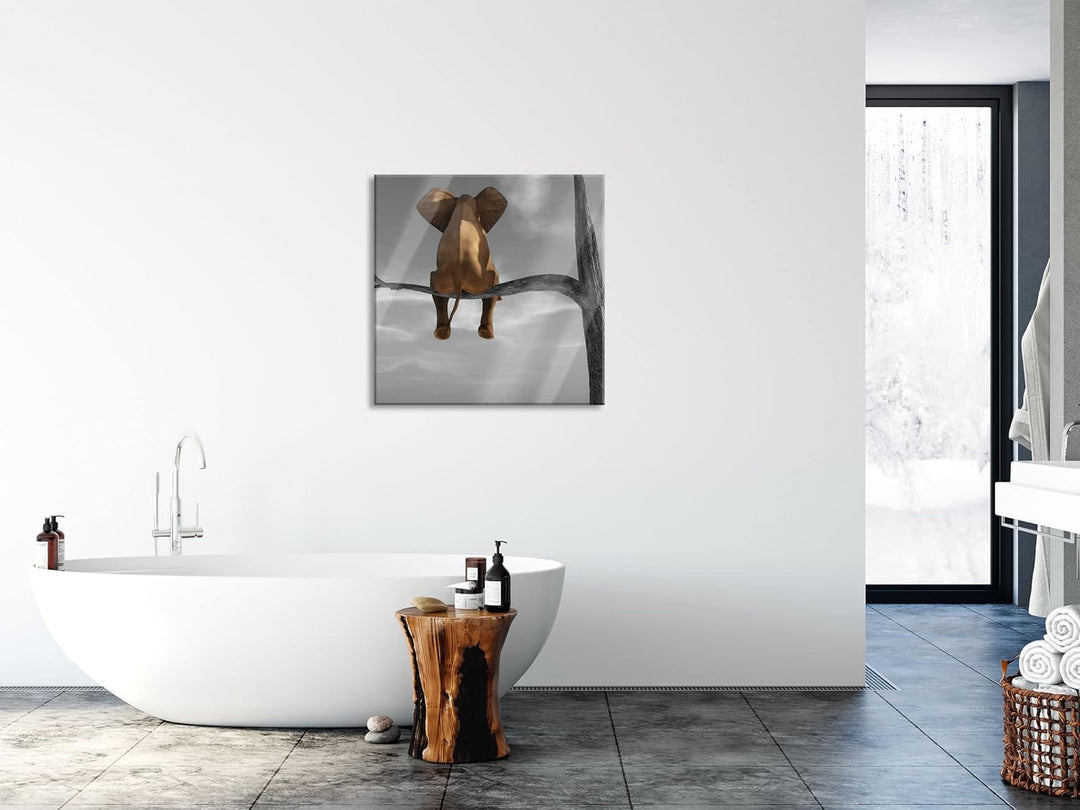 Pixxprint Glasbild | Wandbild auf Echtglas | Elefant auf einem Ast in der Wüste | 80x80 cm | inkl. A