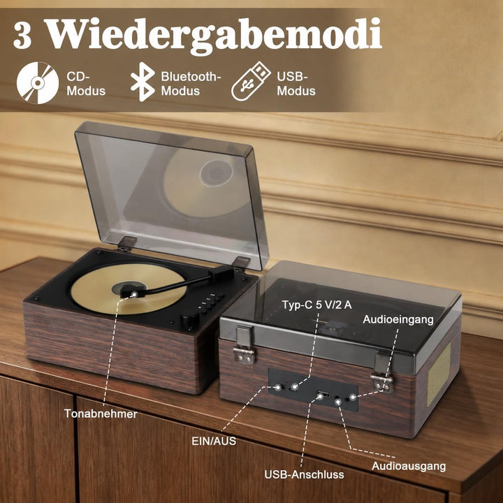 PRTKPETS Retro-CD-Player mit Bluetooth 5.3 Hi-Fi-Lautsprechern(braun), braun