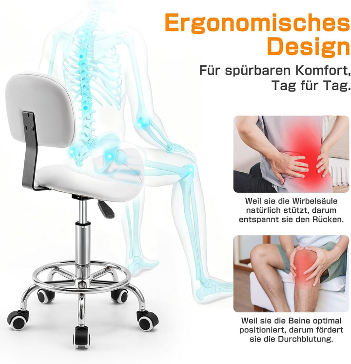 Sattelhocker mit Lehne – 360° drehbarer Hocker mit Rollen und verstellbarer Fussstütze | Sattelhocke