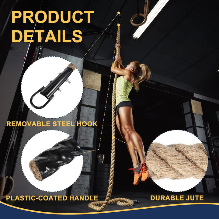 QUARKZMAN Battle Rope Schaukelseil Jute Schwungseil Fitness Trainingsseil mit Schwarzem Metallhaken