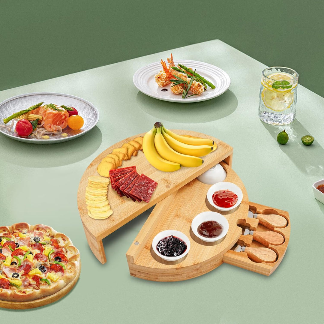 Käseplatte Bambus Käsebrett mit Messer Set Käsewerkzeug-Set, Drehbare Servierplatte Snackplatte Pizz