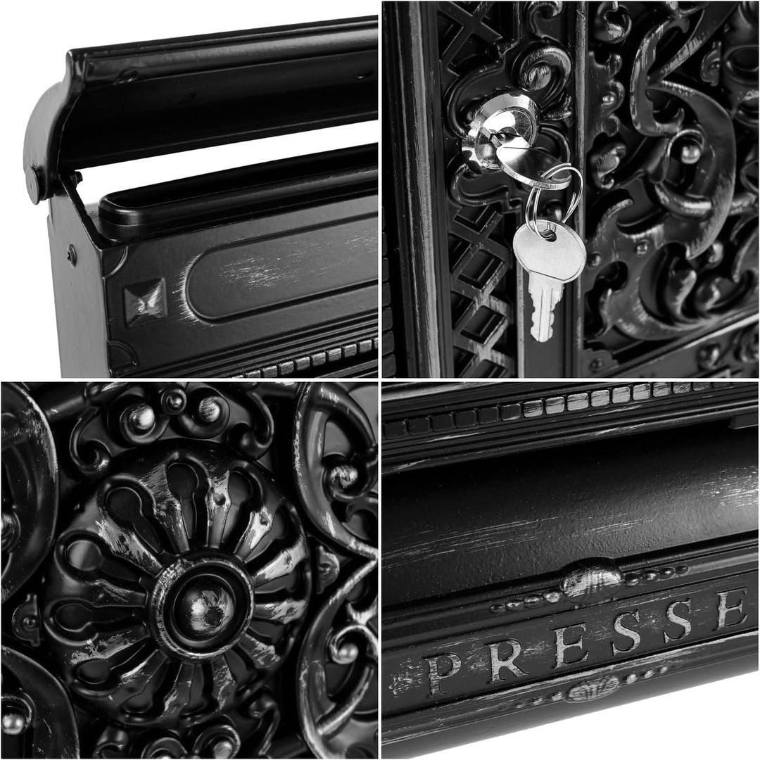 HMF Briefkasten Antik mit Zeitungsfach, Vintage Postkasten aus Aluguss | 57 x 35 x 10 cm | Schwarz-S