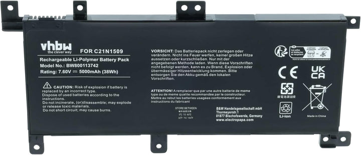 vhbw Akku kompatibel mit Asus K556UQ-XX348T, K556UQ-XX557T, K556UQ-XX688D Notebook (5000mAh, 7,6V, L