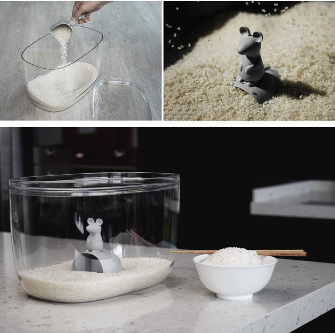 Qualy Lucky Mouse Vorratsbehälter mit Messlöffel in Form einer Maus aus Kunststoff, in der Farbe Gra