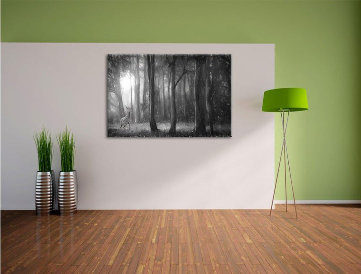 Pixxprint Einsamer Hirsch im tiefen Wald Kunst Kohle Effekt, Format: 100x70 auf Leinwand, XXL riesig