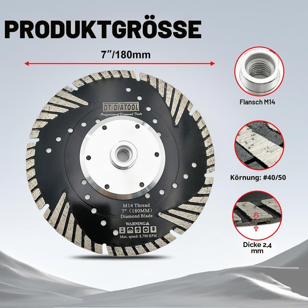 DT-DIATOOL Diamant Trennscheibe 180 mm x M14 Turbo Sägeblatt mit Schutzzähne zum Schneiden Schleifen