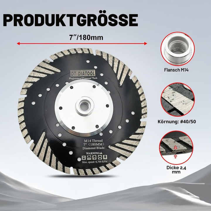 DT-DIATOOL Diamant Trennscheibe 180 mm x M14 Turbo Sägeblatt mit Schutzzähne zum Schneiden Schleifen