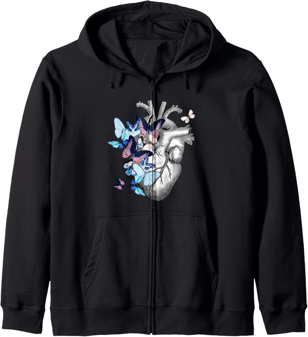 Anatomisches Herz mit blauen Schmetterlingen, menschliches Herz Zeichnung Kapuzenjacke