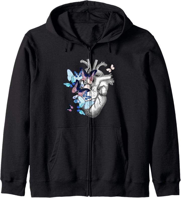 Anatomisches Herz mit blauen Schmetterlingen, menschliches Herz Zeichnung Kapuzenjacke